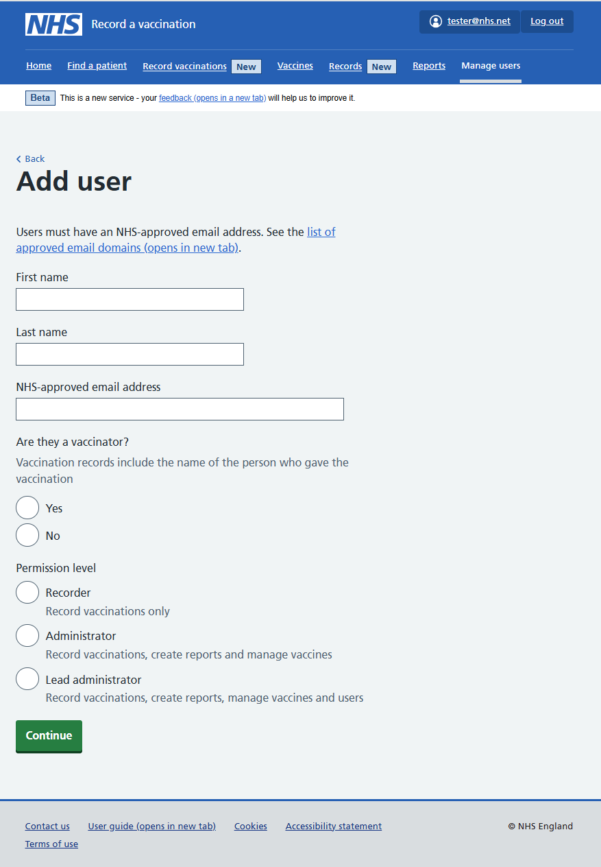 Screen shows user adding a new user's details and selecting their permission level